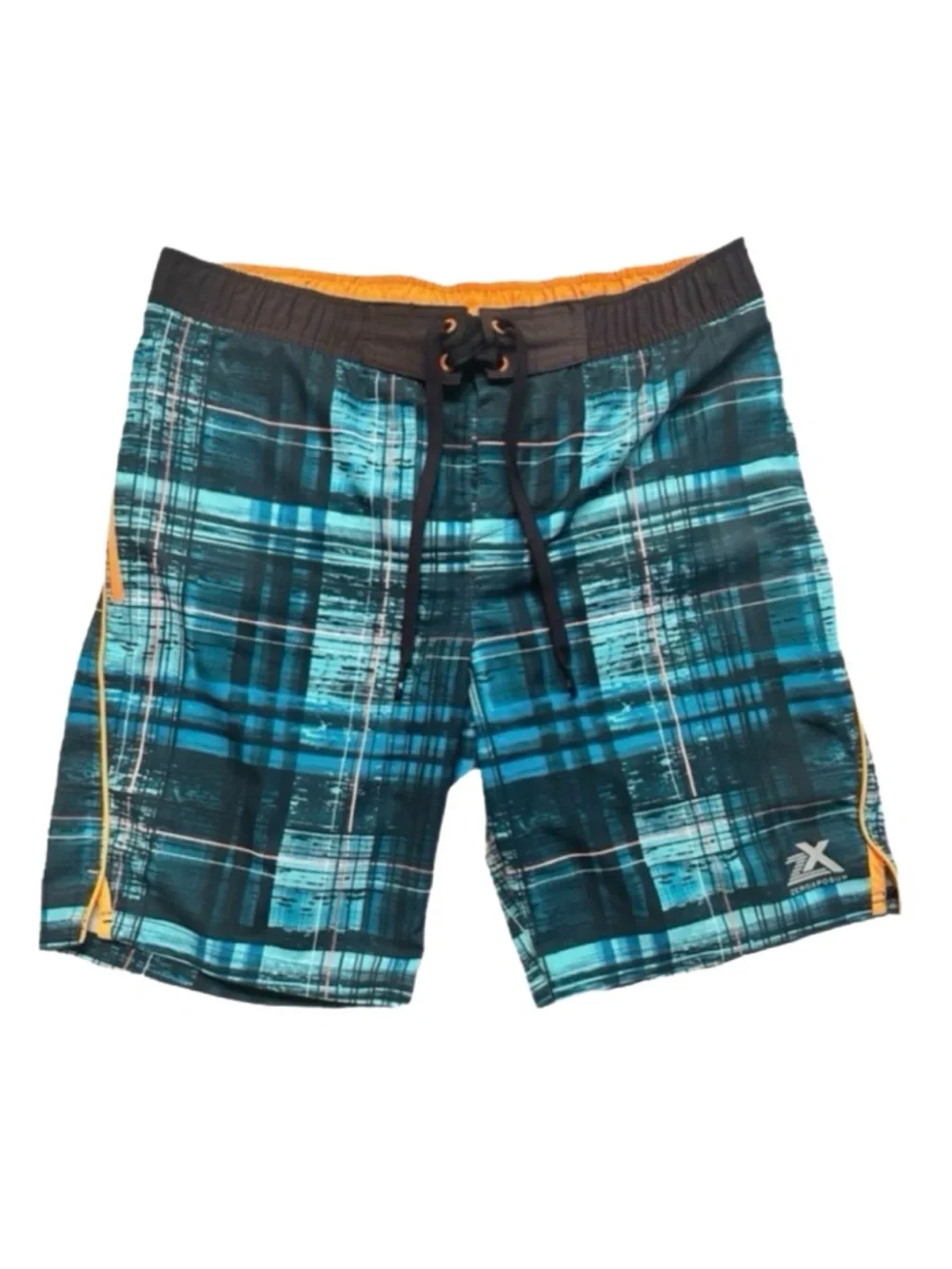 Men’s Aqua Blue & Green Plaid Swim Shorts with Orange Accent Design Tie Waist
